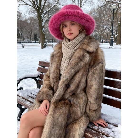 Women\'s Dark Pink Oversized Winter Long Pile Fur Wide Moldable Brim Warmer Cap main image 8
